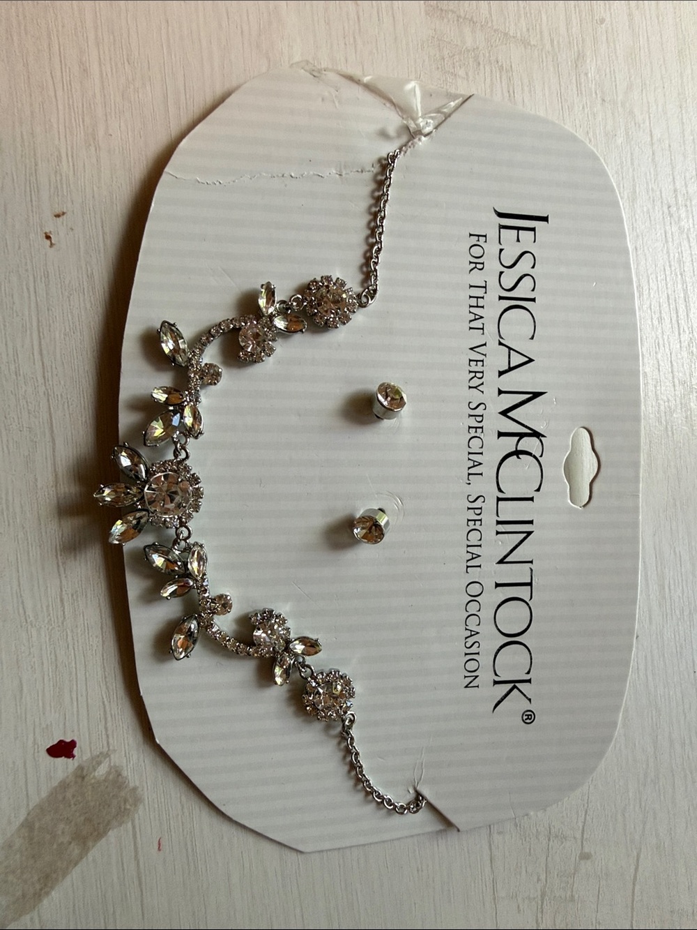 Jessica McClintock Silver Crystal Floral Necklace with Matching Studs